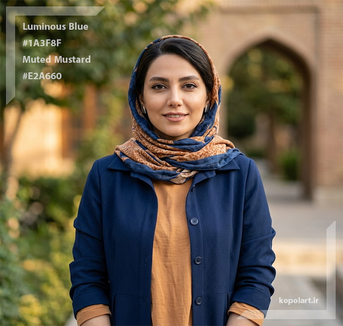 خانم ایرانی با ست لباس آبی درخشان و زرد خردلی ملایم